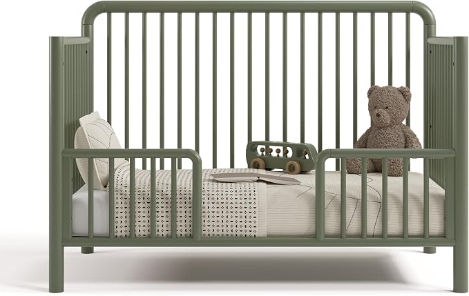 Storkcraft Porto 5-in-1 Convertible Crib with Toddler Guardrail – GREENGUARD Gold Certified, Toddler Bed Conversion Kit Included, 100% Solid Wood, Fits Standard Baby Crib Mattress (Olive)