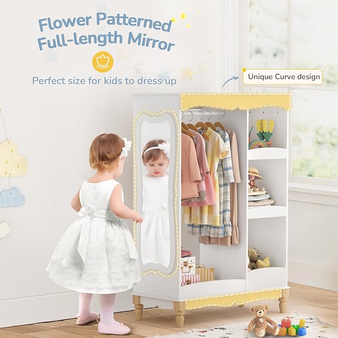 Curipeer Kids Dress Up Storage with Flower Mirror & Wood Legs, Open Hanging Closet Wardrobe for Children, Kids Armoire & Costume Organizer for Bedroom Playroom Preschools Classroom, White