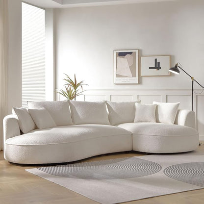 KEIKI 129" Luxury Curved Boucle Sectional Sofa with Right Chaise, Upholstered Modern Style Oversized 5-Seater Couch with Thickened Seat Cushions, Easy Assembly, for Apartment, Living Room, White