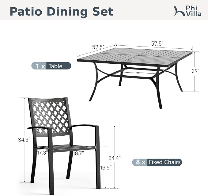 PHI VILLA 9 Piece Outdoor Dining Set for 8, 57.5" Metal Square Table with Umbrella Hole & Stackable Wrought Iron Chairs, All Weather Large Furniture Set for Patio, Deck, Backyard, Porch - Black