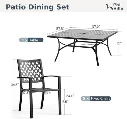 PHI VILLA 9 Piece Outdoor Dining Set for 8, 57.5" Metal Square Table with Umbrella Hole & Stackable Wrought Iron Chairs, All Weather Large Furniture Set for Patio, Deck, Backyard, Porch - Black