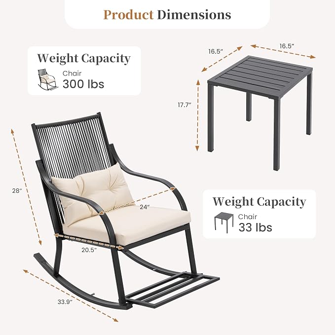 COSIEST 3-Piece Outdoor Rocking Chairs Bistro Set, All Weather Rattan Patio Furniture with 2 Chairs, Coffee Table， & Cushions for Garden, Porch, Balcony,Backyard