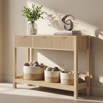 Nasonet Fluted Console Table, Wooden Sofa Table with Storage and Drawers, Farmhouse Behind Couch Table Entryway Table for Entrance, Hallway, Living Room, Oak