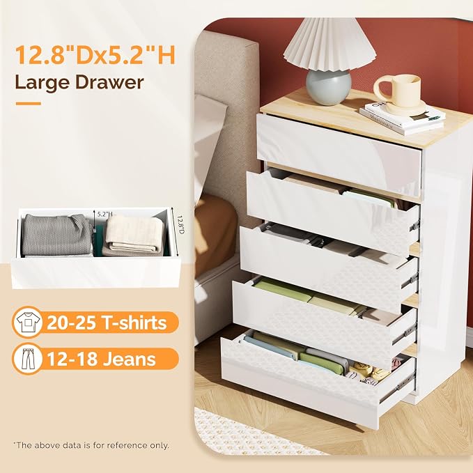 VINGLI 5 Drawer Dresser for Bedroom, 45" H Tall Dresser Chest of Drawers, High Gloss Wood Modern Storage Cabinet with Brown Top