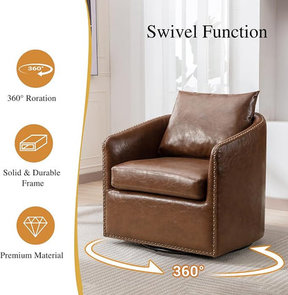 HAOMARKETS 360 Degree Swivel Accent Chair Set of 4 with Plump Back Pillow, Waterproof Oil Waxed PU Leather Armchair with Rivets, Comfy Vintage Round Barrel Chair for Living Room