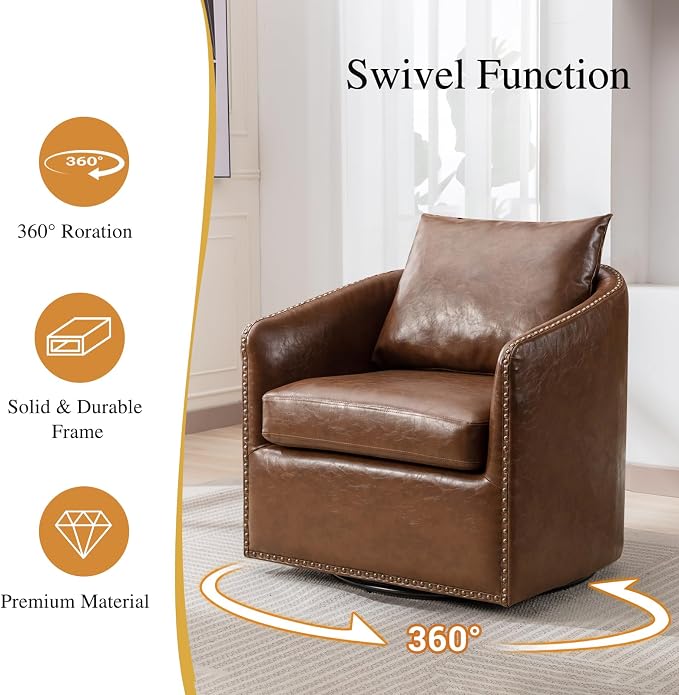 HAOMARKETS 360 Degree Swivel Accent Chair Set of Two with Plump Back Pillow, Waterproof Oil Waxed PU Leather Swivel Armchair with Rivets, Comfy Vintage Round Barrel Chair for Living Room