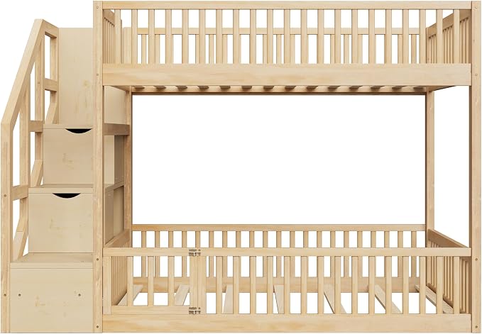 Full Over Full Floor Bunk Bed with Storage Ladder and Guardrails,for Kids Teens Adults (Natural#FF, Full Over Full)