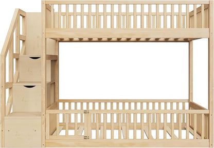Full Over Full Floor Bunk Bed with Storage Ladder and Guardrails,for Kids Teens Adults (Natural#FF, Full Over Full)