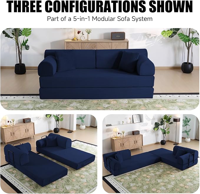 78.8" Boneless Memory Foam Couch, Corduroy Convertible Floor Sofa Bed, Fold-Out Sleeper Futon Loveseat, Wide Armrests & Supportive Back, 1200 lb, Couch in a Box, 2 Pillows, Dark Blue
