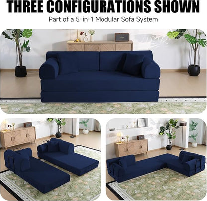 78.8" Boneless Memory Foam Couch, Corduroy Convertible Floor Sofa Bed, Fold-Out Sleeper Futon Loveseat, Wide Armrests & Supportive Back, 1200 lb, Couch in a Box, 2 Pillows, Dark Blue