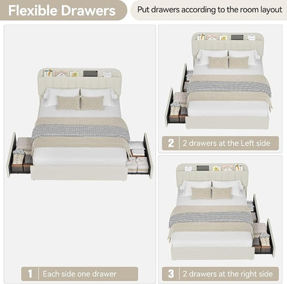 Garvee Full Size Bed Frame with 2 Flexible Drawers, Boucle Upholstered Platform Bed Frame with Bookcase Headboard, Bedframe for Kids/Girls, Easy Assembly, No Box Spring Needed, Noise Free, Beige