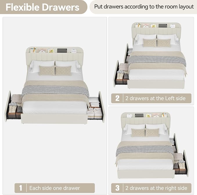 IDEALHOUSE Queen Bed Frame with 2 Flexible Drawers and Bookcase Headboard, Boucle Upholstered Platform Bed for Boys/Girls, Noise-Free, Easy Assembly, No Box Spring Needed, Beige