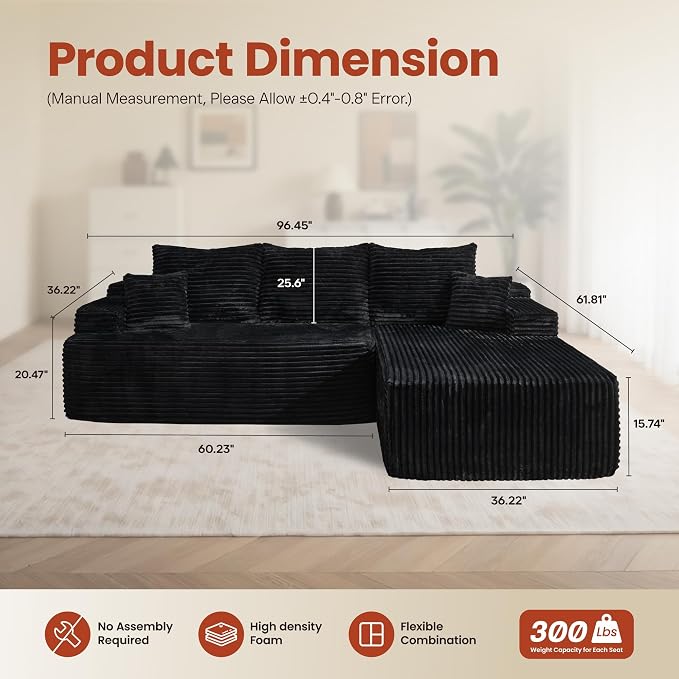 ovios 96" Cloud Sectional Couch with L-Shape Chaise,Modern Modular Sofa with Deep Seat, Upholstered Couches for Living Room Bedroom,No Assembly Required, Black (Plush Corduroy Fabric)