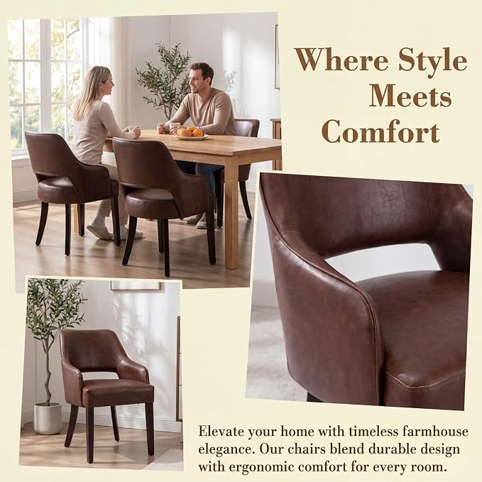 Faux Leather Upholstered Dining Chairs Set of 4 with Arms | Brown faux leather upholstery, solid wood legs, curved open back, padded seat, easy-care surface, dining room, kitchen