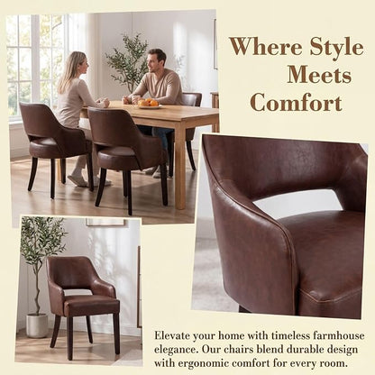 Faux Leather Upholstered Dining Chairs Set of 4 with Arms | Brown faux leather upholstery, solid wood legs, curved open back, padded seat, easy-care surface, dining room, kitchen