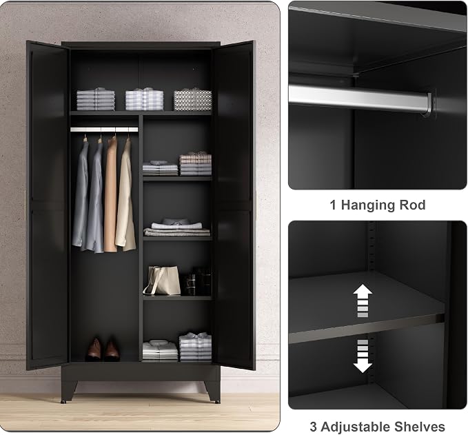 Washsemba 71'' Farmhouse Metal Wardrobe Cabinet with Hanging Rod, 2 Barn Door Wardrobe Closet with 5 Adjustable Shelves,Drawer,for Dining Room,Bedroom,Living Room, Cloak Room,Office (Black)