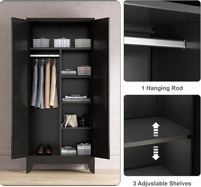 Washsemba 71'' Farmhouse Metal Wardrobe Cabinet with Hanging Rod, 2 Barn Door Wardrobe Closet with 5 Adjustable Shelves,Drawer,for Dining Room,Bedroom,Living Room, Cloak Room,Office (Black)