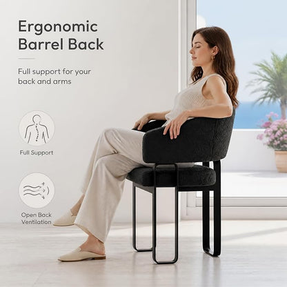 Modern Barrel Dining Chair Set of 3, Black Boucle Kitchen Chair with U-Shaped Stainless Steel Legs, Armchair with Open Back for Living Room Bedroom Makeup Room