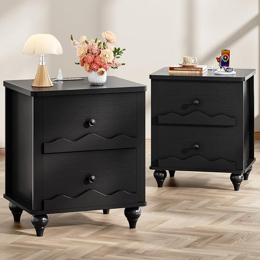 Cyclysio Black Nightstand with Charging Station Set of 2, Scalloped Bedside Table with 2 Smooth Drawers, Modern End Table with Solid Wood Legs for Bedroom and Small Spaces