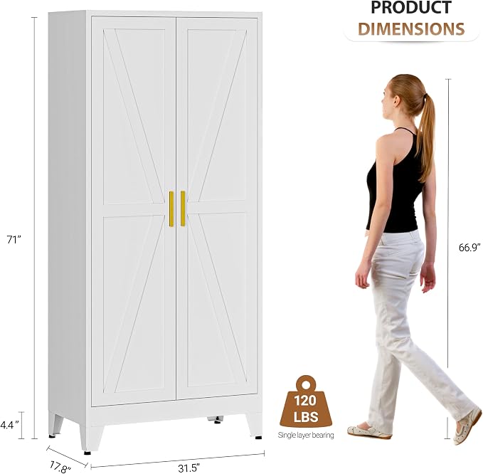 Metal Wardrobe Closet with Doors, 71" H Armoire Wardrobe Closet with 3 Adjustable Shelves and Hanging Rod, Steel Clothing Storage Cabinet for Bedroom, Home, Employee, Gym, Office, White