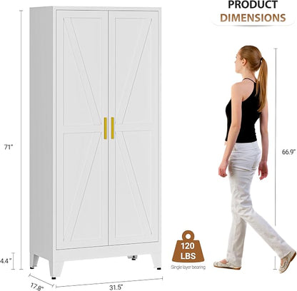 71" H Wardrobe Closet with Doors, Metal Wardrobe Cabinet with 2 Doors and 2 Adjustable Shelves, Armoire Wardrobes Closet with Hanging Rod, Closets for Bedroom, Laundry Room, White