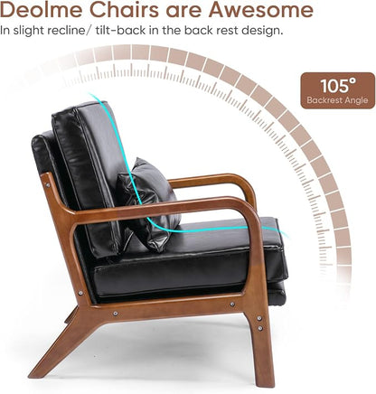 Mid Century Modern Accent Chairs Set of 2 Living Room- Comfy Wood Arm Chair with Lumber Pillow Lounge Decorative Black Faux Leather Office Side Chair for Bedroom Reading Waiting Room Easy Assembly