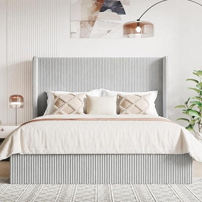 Allewie Full Lift-Up Storage Bed Frame with Modern Wingback Headboard, Corduroy Upholstered Platform Bed, Hydraulic Gas Lift Support, Underbed Storage, Wooden Slats, No Box Spring Needed, Grey