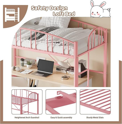 GarveeHome Loft Bed Twin Size, Heavy Duty Metal Loft Bed Frame with Arched Guardrail and Safety Ladder, Space-Saving, No Box Spring Needed, Modern Pink