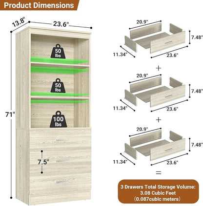 Aheaplus 47.2" Closet Drawers System, 3.94FT Wood Closet Organizer System with 3 Drawers, Modular Small Walk-in Closets Storage Unit, Set of 2, White Oak (47.2" L x 13.8" W x 71" H)