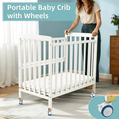 Flwrgirl Mini Baby Crib with Mattress,Portable Bedside Sleeper & Bassinet,6 Adjustable Heights,Wood Nursery Crib with Locking Wheels,Compact Baby Bed for Newborns & Infants,White