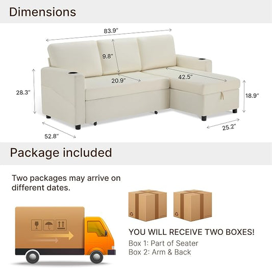 KISLOT 84 Inch Sectional Sleeper Sofa with Pull Out Bed Convertible 2 in 1 Couch with Storage Chaise & USB Charging Comfy L Shaped Modular Couches for Living Room Apartment(2 Box)
