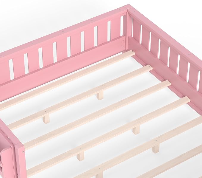 Bellemave Queen Size Floor Bed with Slats and Safety Guardrail, Queen Size Montessori Floor Bed with Fence and Built-in Bookshelf, Easy Assemble Montessori Beds for Girls, Boys, Pink