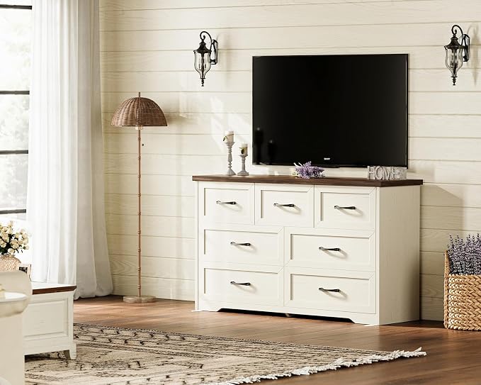 AODK Farmhouse 7 Drawer Dresser for Bedroom, 47” Wide Rustic Storage Chest with Engineered Wood Frame, Anti-Tip Design, American Country Bedroom Furniture, Walnut & Vintage White