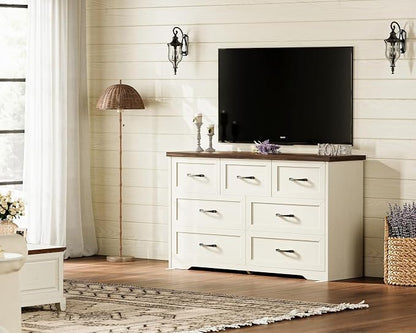 AODK Farmhouse 7 Drawer Dresser for Bedroom, 47” Wide Rustic Storage Chest with Engineered Wood Frame, Anti-Tip Design, American Country Bedroom Furniture, Walnut & Vintage White