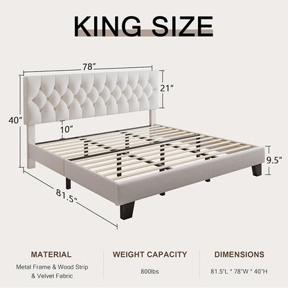 Einhomn King Size Upholstered Bed Frame with Headboard, Tufted Button Linen Bed Base, Platform Bed with Heavy Duty Wood Slat Support, No Box Spring Needed, Easy Assembly, Noise-Free, White