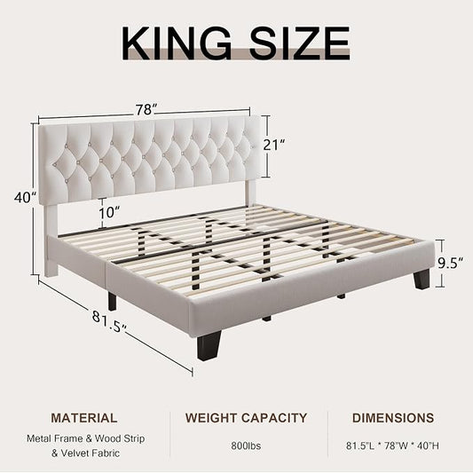 Einhomn King Size Upholstered Bed Frame with Headboard, Tufted Button Linen Bed Base, Platform Bed with Heavy Duty Wood Slat Support, No Box Spring Needed, Easy Assembly, Noise-Free, White