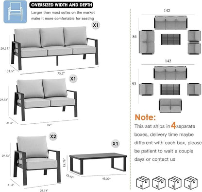 Aluminum Outdoor Patio Furniture Set, 5 Piece Sectional Coversation Sets with Coffee Table, Modern Outdoor Sofa Couch with Thick Cushions for Porch, Balcony, Garden, Lingt Gray
