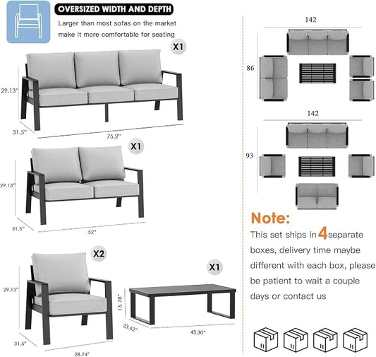 Aluminum Outdoor Patio Furniture Set, 5 Piece Sectional Coversation Sets with Coffee Table, Modern Outdoor Sofa Couch with Thick Cushions for Porch, Balcony, Garden, Lingt Gray