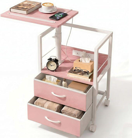 Faesun Swivel Lift Top Nightstand with Charging Station, Rolling Side Table for Recliner, Bedside Table with Wheels & 2 Fabric Drawers, for Small Spaces, for Bedroom, Living Room, Pink