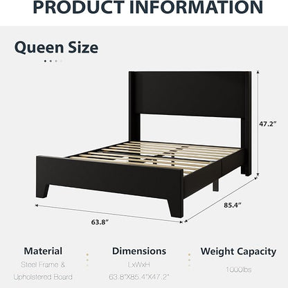 Queen Bed Frame with Faux Leather Upholstered Headboard, Wear-Resistant, Easy Clean, Mattress Foundation, No Box Spring Required, Easy Assembly, Black