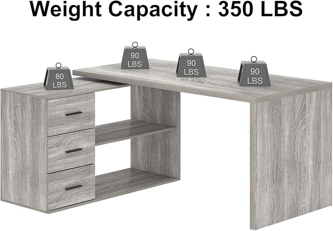 HSH L Shape Desk with Drawers, L-Shaped Desk with Storage Cabinet Shelves, Home Office Corner Computer Desk for Executive Writing, Modern Wood Study PC Table in Bedroom Living Room, Grey Oak, 55 Inch