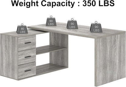HSH L Shape Desk with Drawers, L-Shaped Desk with Storage Cabinet Shelves, Home Office Corner Computer Desk for Executive Writing, Modern Wood Study PC Table in Bedroom Living Room, Grey Oak, 55 Inch