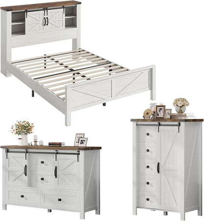 AMERLIFE 3-Piece Farmhouse Bedroom Set, Full Size Bed with Sliding Barn Doors & Bookcase Headboard, 5-Drawer Tall Dresser, 4-Drawer Wide Dresser, Antique White