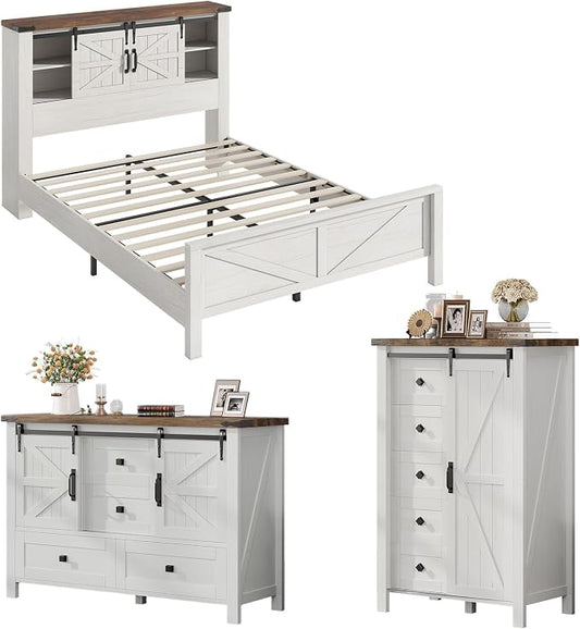 AMERLIFE 3-Piece Farmhouse Bedroom Set, Full Size Bed with Sliding Barn Doors & Bookcase Headboard, 5-Drawer Tall Dresser, 4-Drawer Wide Dresser, Antique White