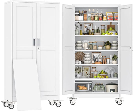 74" H Metal Pantry Storage Cabinet with Wheels,Rolling Kitchen Pantry Cabinet with 2 Doors and 5 Adjustable Shelves, Locker Steel Cabinet,Organization Cabinet for Garage,Home,Gym,School,White