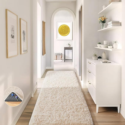 Ophanie Runner Rug for Hallway, 2x5 Upgrade Non-Slip Fluffy Soft Bedside Rugs, Bedroom Living Room Ivory Shaggy Carpet for Kids Girls Boys Dorm Nursery Home Decor Aesthetic