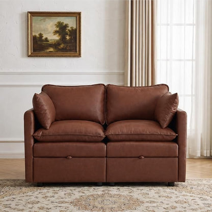55" Brown Faux Leather Storage Loveseat Sofa, Upholstered 2 Seater Sofa | Modern Deep Seat Cloud Sofa Chair, Small Love Seat Comfy Modular Sectional Sofa for Living Room, Bedroom, Small spaces