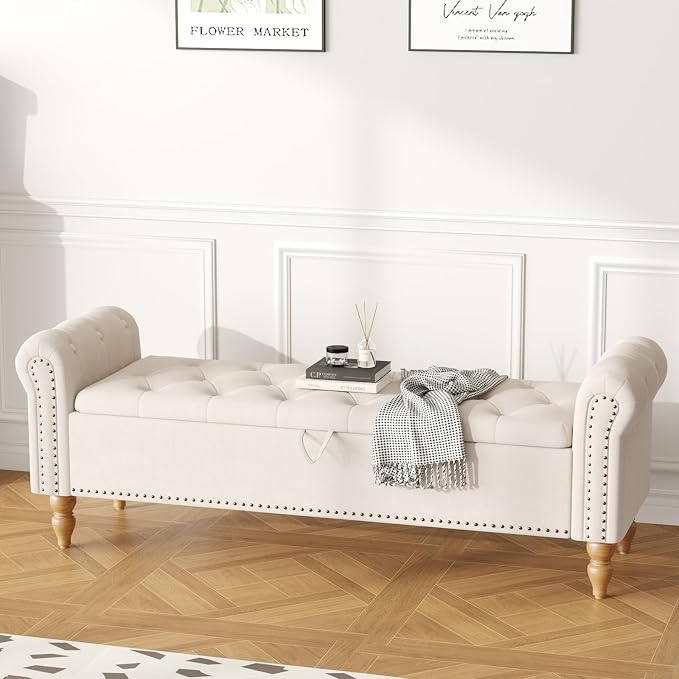 Furniliving 63” End of Bed Bench, Bedroom Bench with Button-Tufted, Large Upholstered Storage Ottoman Benches Entryway Bench with Storage Shoe Cabinet Bench, for Bedroom, Living Room, Linen, Beige