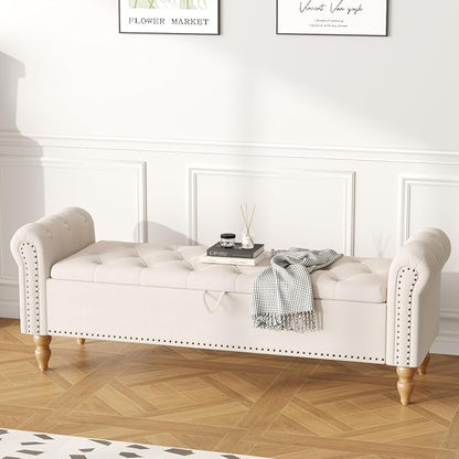 Furniliving 63” End of Bed Bench, Bedroom Bench with Button-Tufted, Large Upholstered Storage Ottoman Benches Entryway Bench with Storage Shoe Cabinet Bench, for Bedroom, Living Room, Linen, Beige