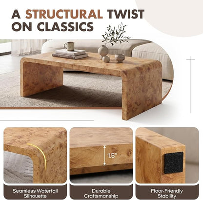 Hyfirm 47" Mid Century Modern Burl Wood Coffee Table, Rectangular Waterfall Center Table for Living Room, Minimalist Large Sofa Table with Rounded Edges & Sturdy Curved Legs, Easy Assembly